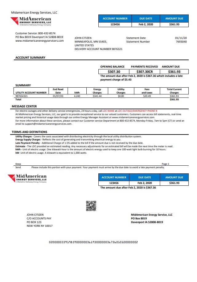 USA Iowa MidAmerican Energy Services utility bill template in Word and PDF format